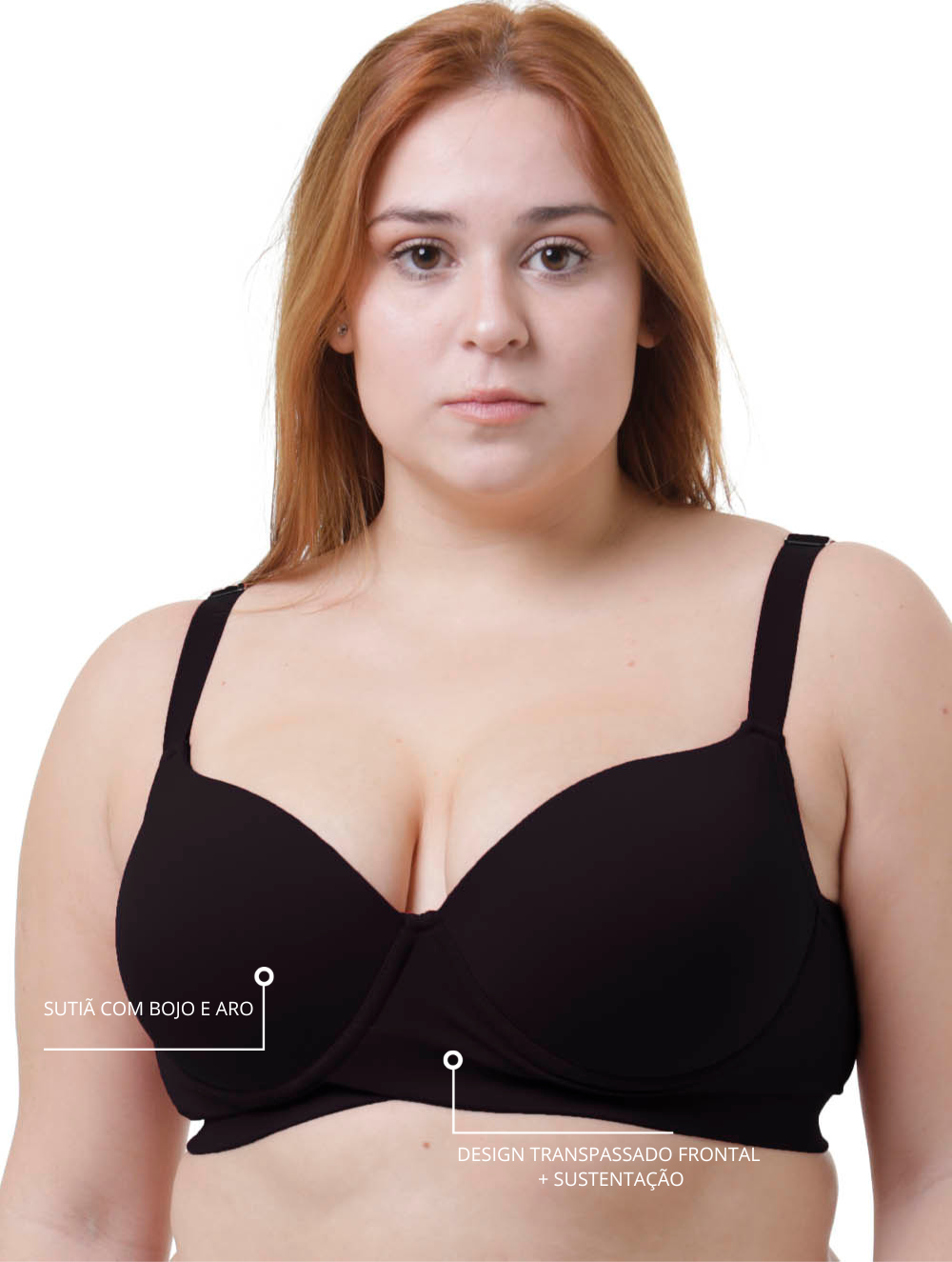 Sutiã Plus Size Tyn com Bojo e Aro Transpassado Preto – Alças Largas e Sustentação Confortável