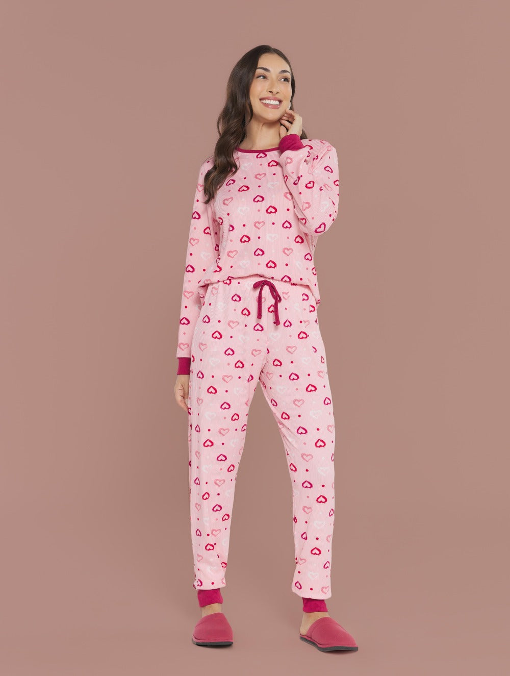 Pijama Malha Canelada Peletizada Corações