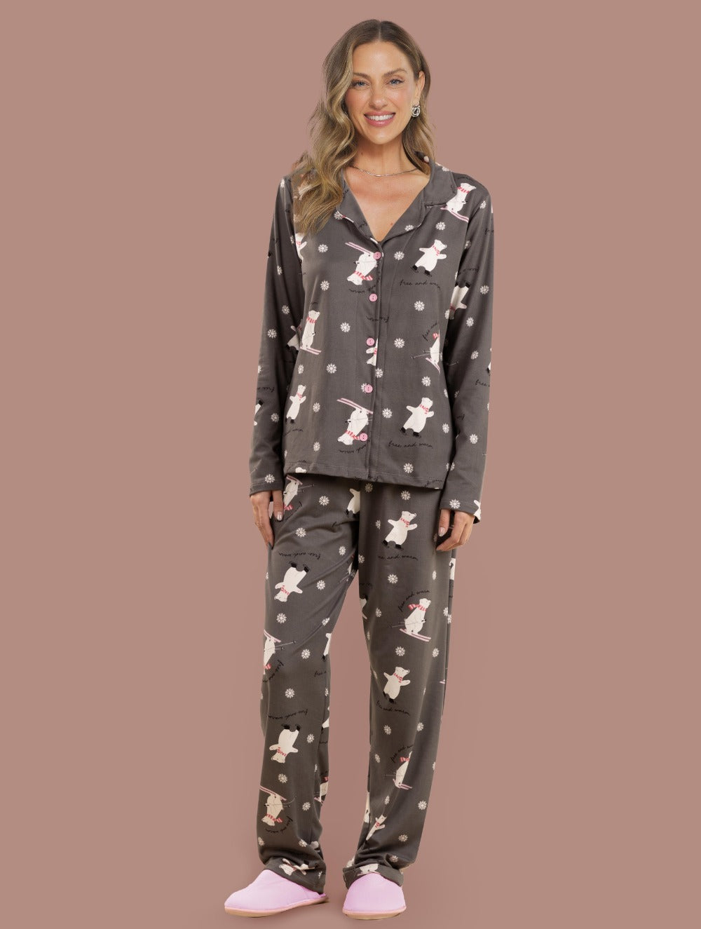 Pijama Camisaria Malha Peletizada Peluciada Urso Polar